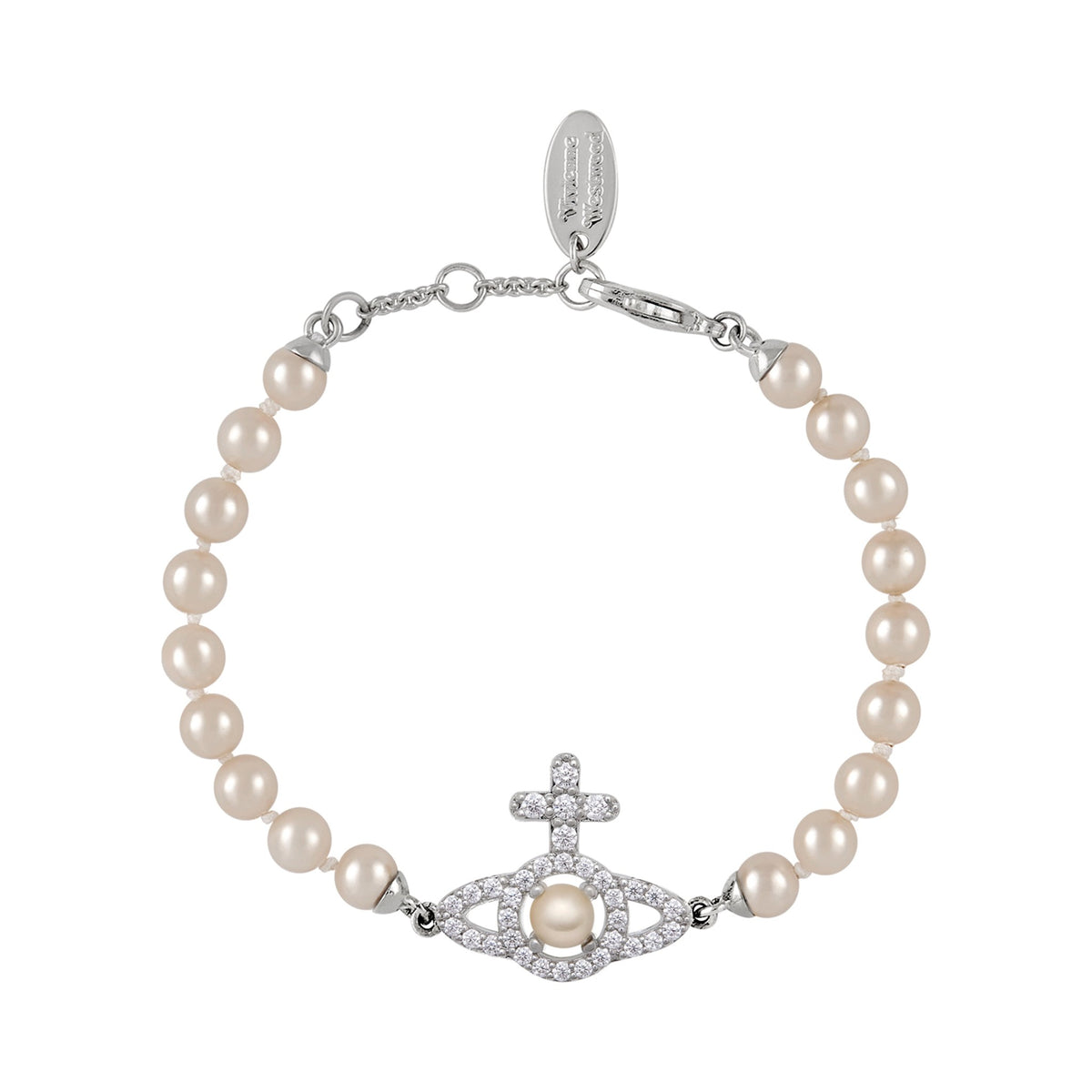 The Vivienne Westwood Cream Rose Pearl Olympia Pearl Bracelet Platinum Plated, a cream platinum-plated bracelet from Vivienne Westwood, available at OD’s Jewellers in St Helens.