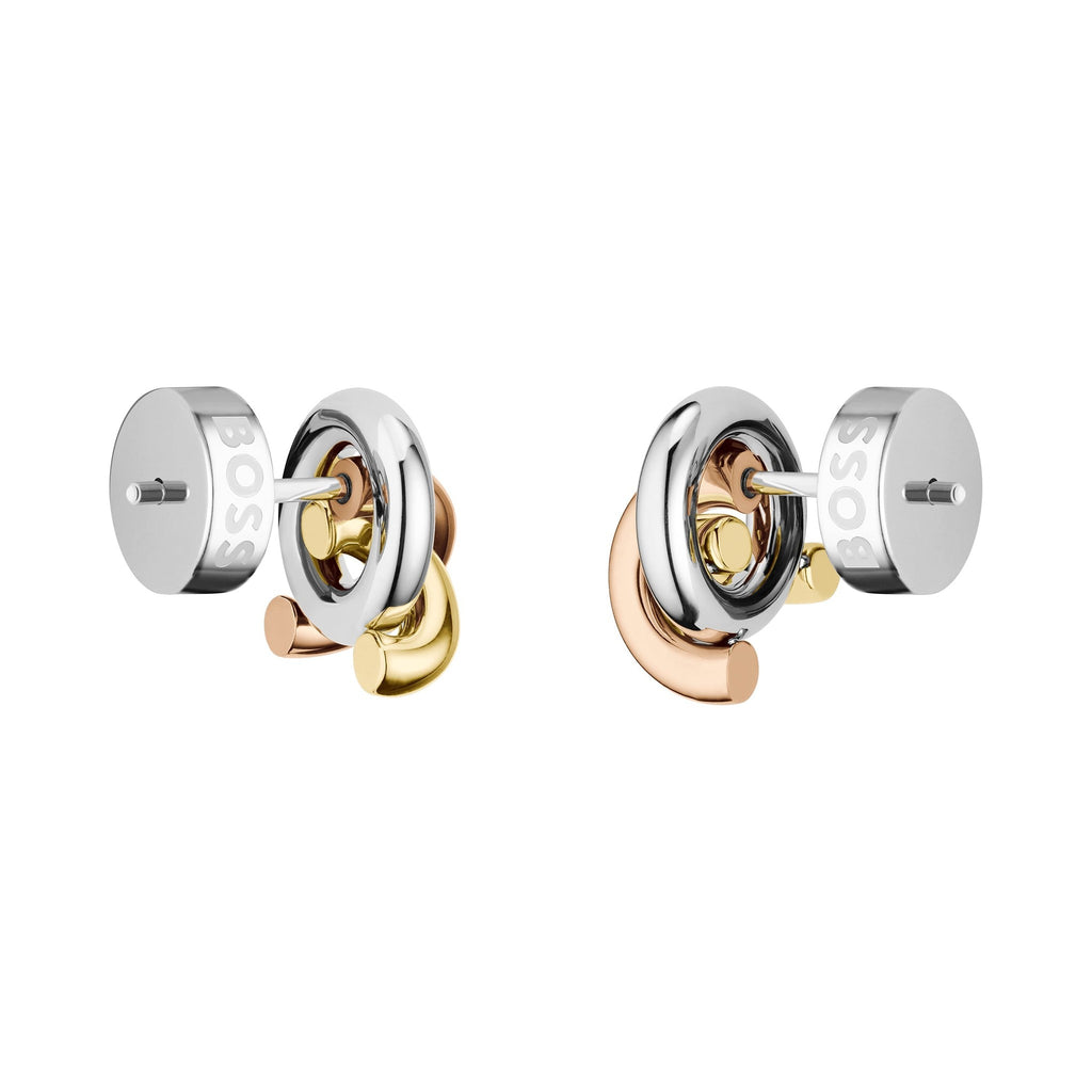Earrings with silver studs and gold, rose gold, and silver links.