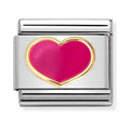 Nomination Composable charm featuring a fuchsia enamel love heart with gold accents, perfect for personalized bracelets.
