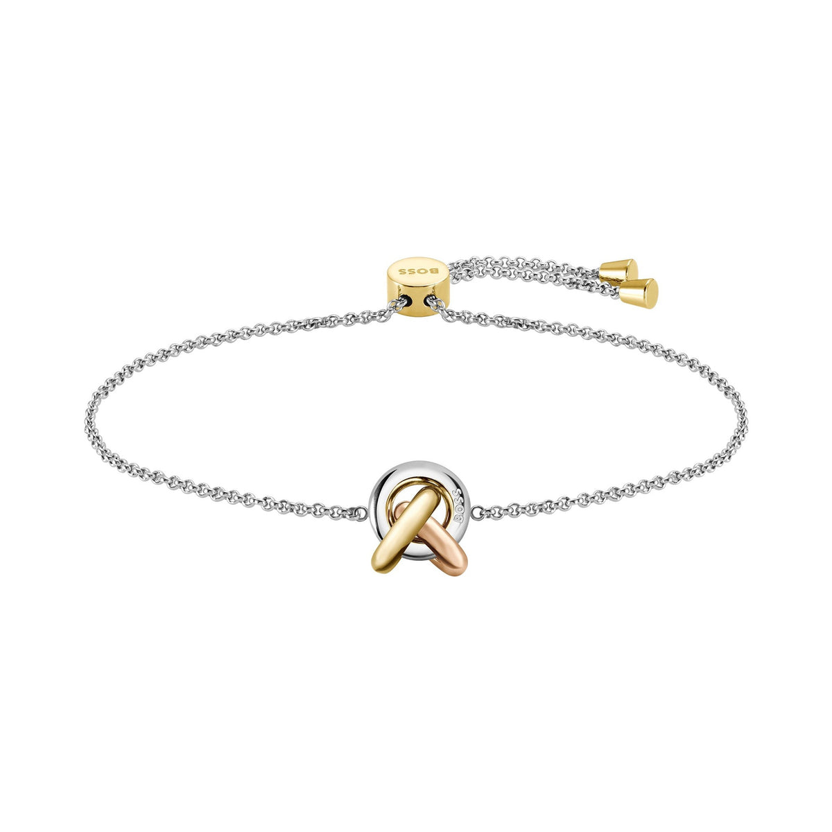 Silver chain bracelet with a gold and copper-colored pendant, and "BOSS" on the gold chain clasp.

