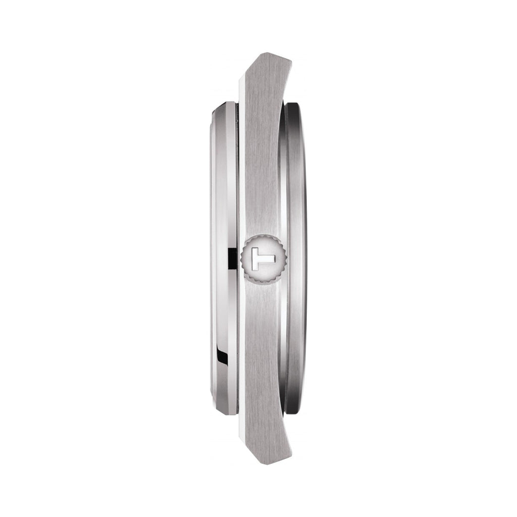 Side view of the Tissot PRX Powermatic 80 men's watch showcasing the case design and stainless steel bracelet.