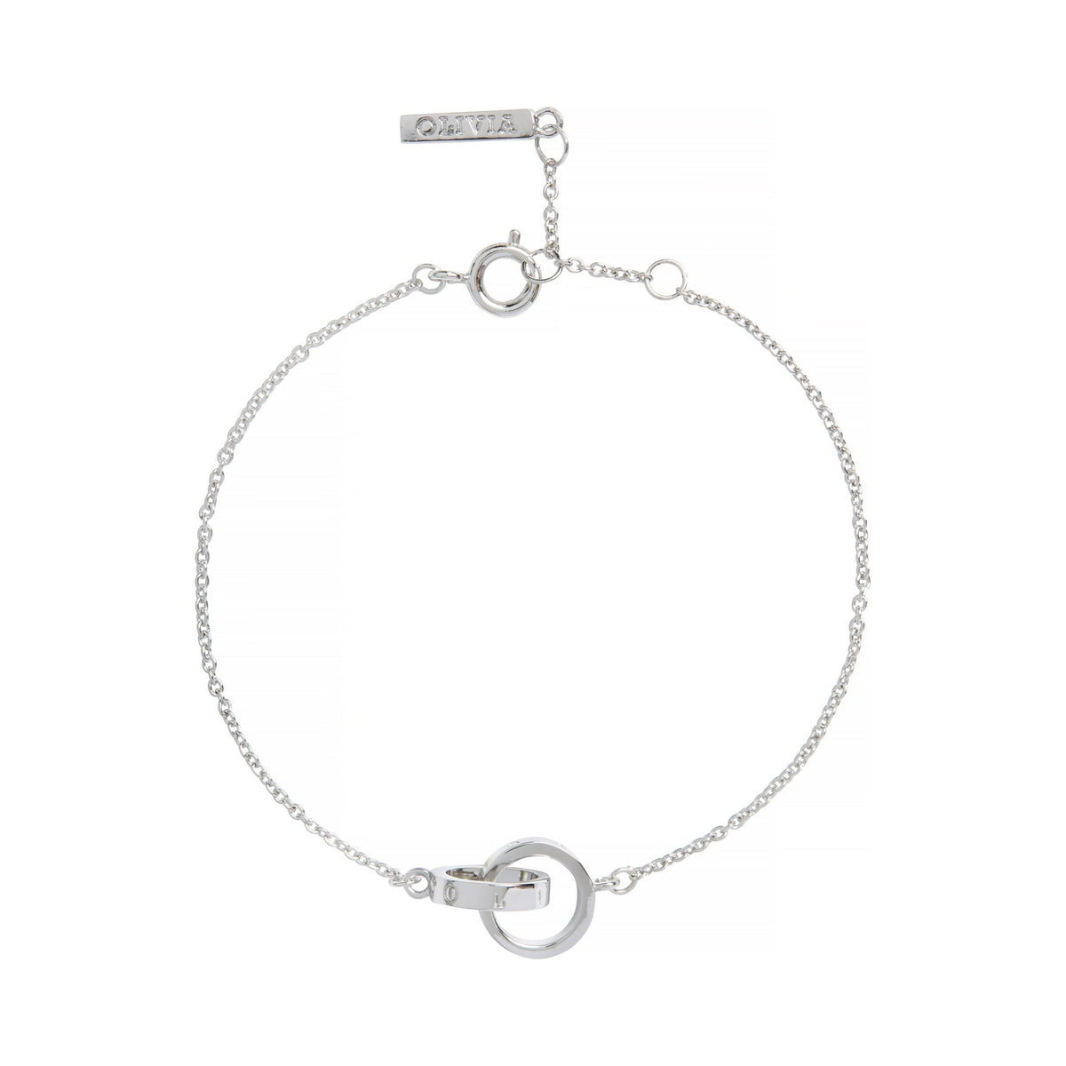 Silver chain bracelet by Olivia Burton, featuring linked circles and adjustable length. Minimalist jewelry.