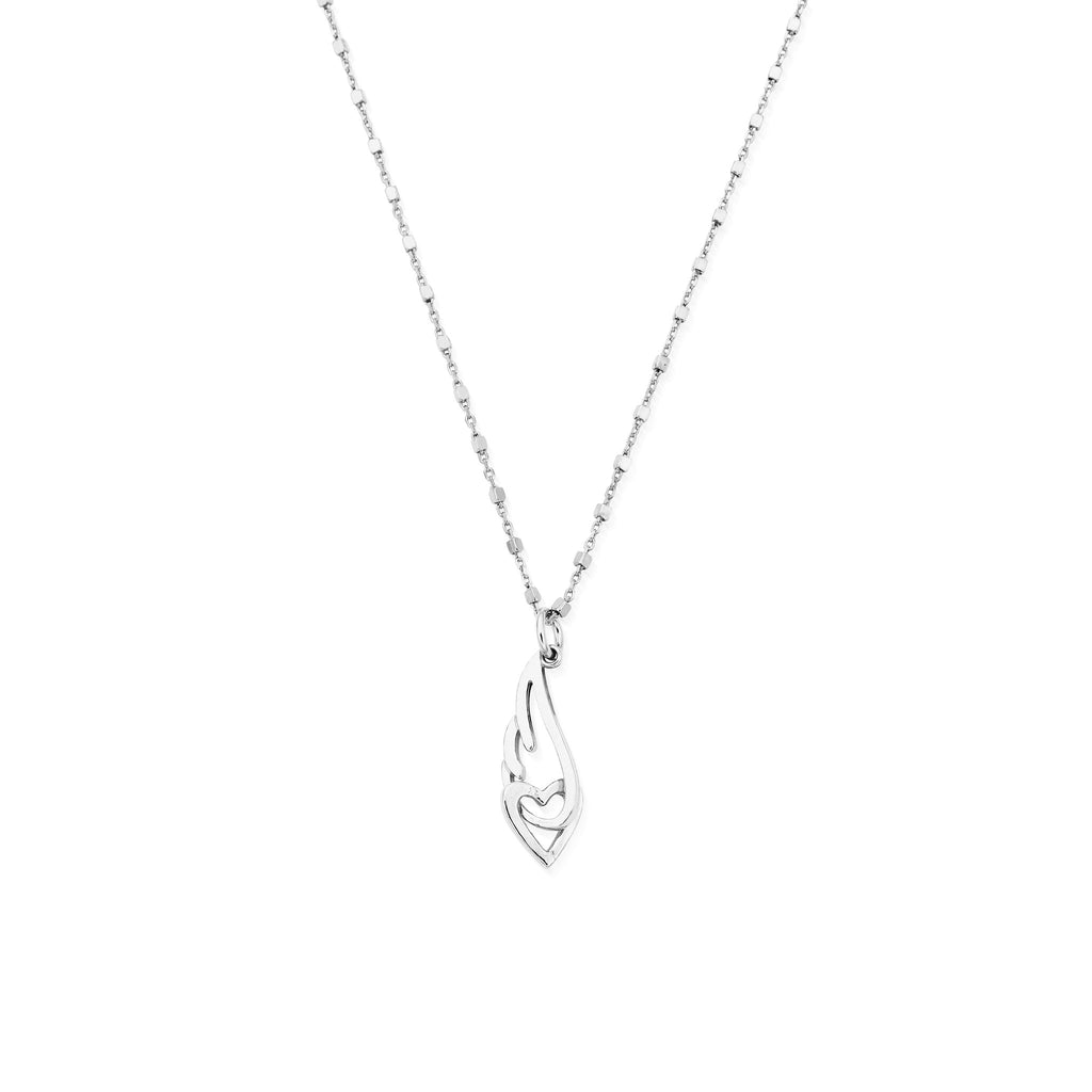 Sterling silver ChloBo necklace featuring an angel wing pendant embracing a heart charm on a cube chain. Jewelry design.