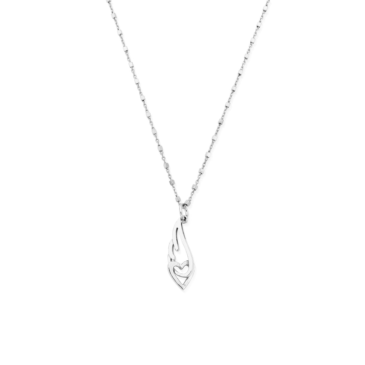 Sterling silver ChloBo necklace featuring an angel wing pendant embracing a heart charm on a cube chain. Jewelry design.