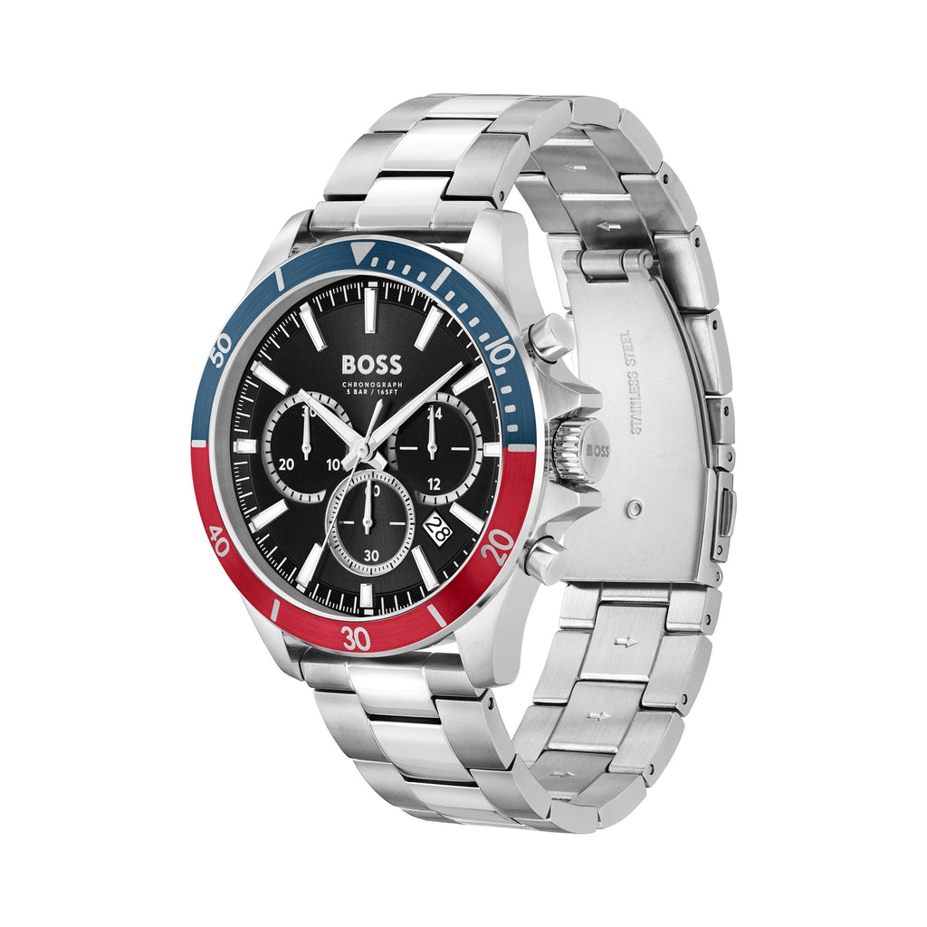 Close-up of the BOSS Troper watch, showcasing the chronograph dial and stainless steel band.