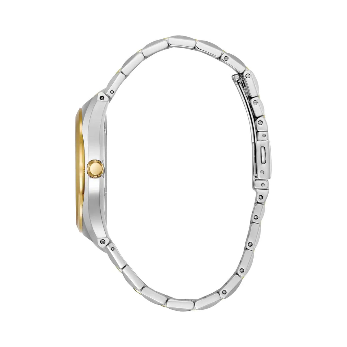 Side view of the Citizen Corso Eco-Drive watch, showcasing the silver and gold-tone bracelet and dial.