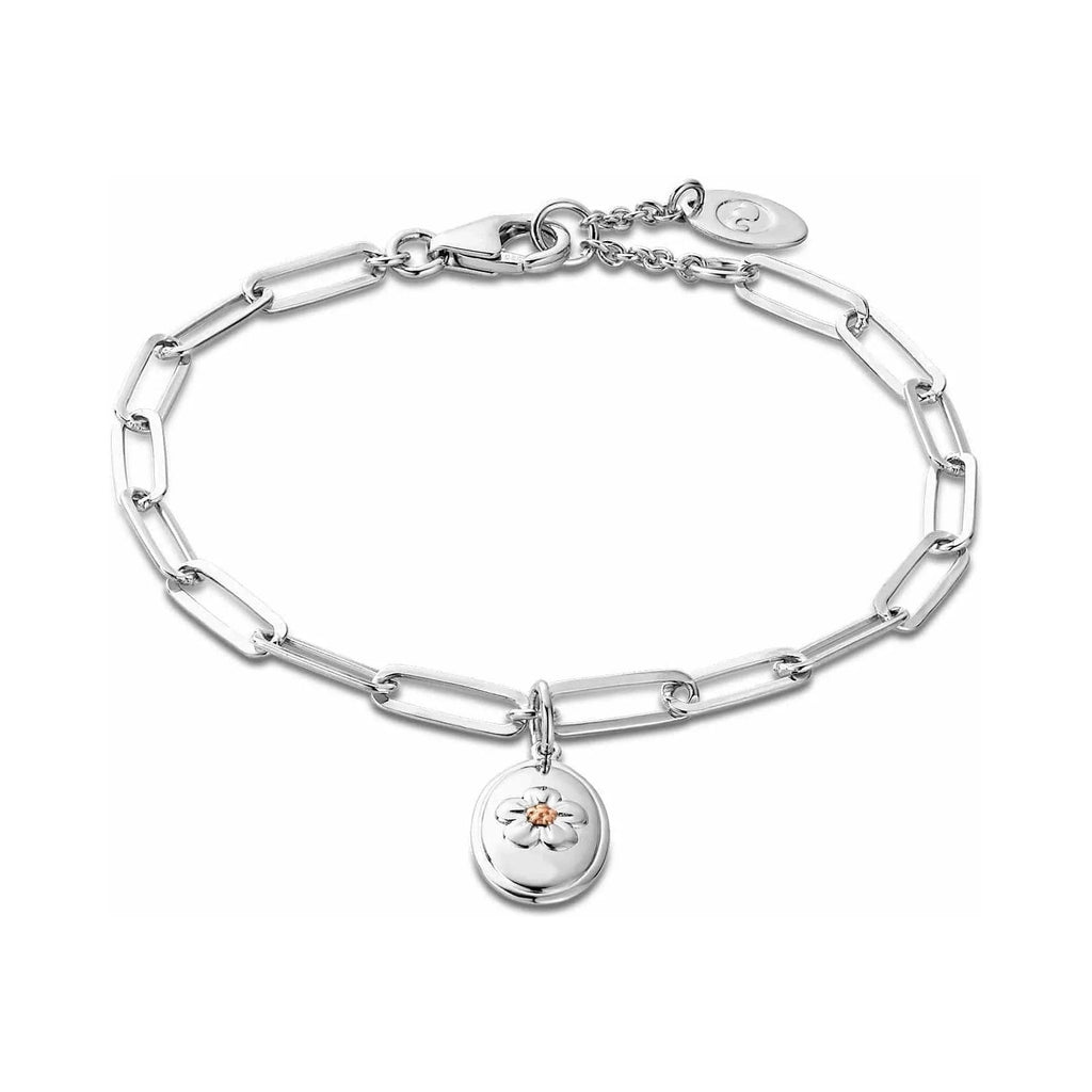 Silver chain bracelet with a flower charm.