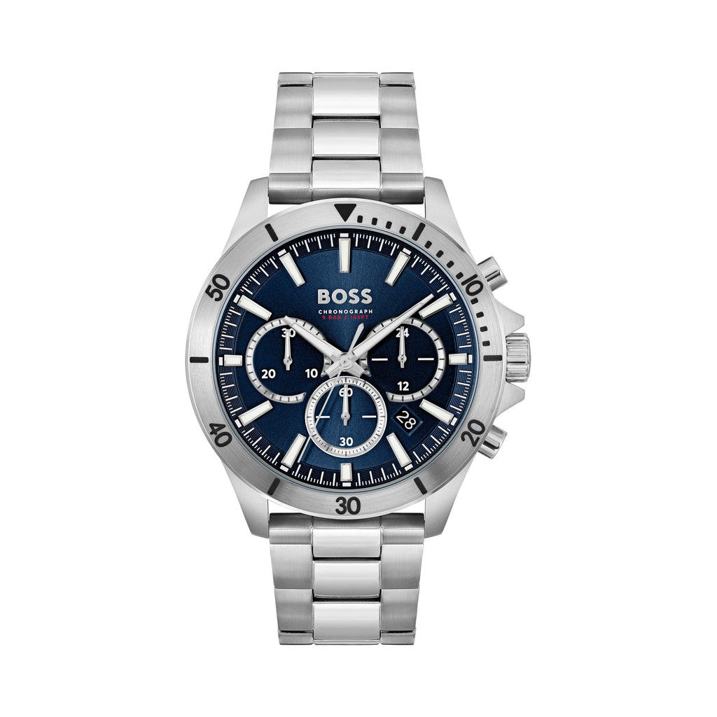Close-up of the BOSS Troper Chronograph watch showcasing its blue dial, stainless steel bracelet, and chronograph features.