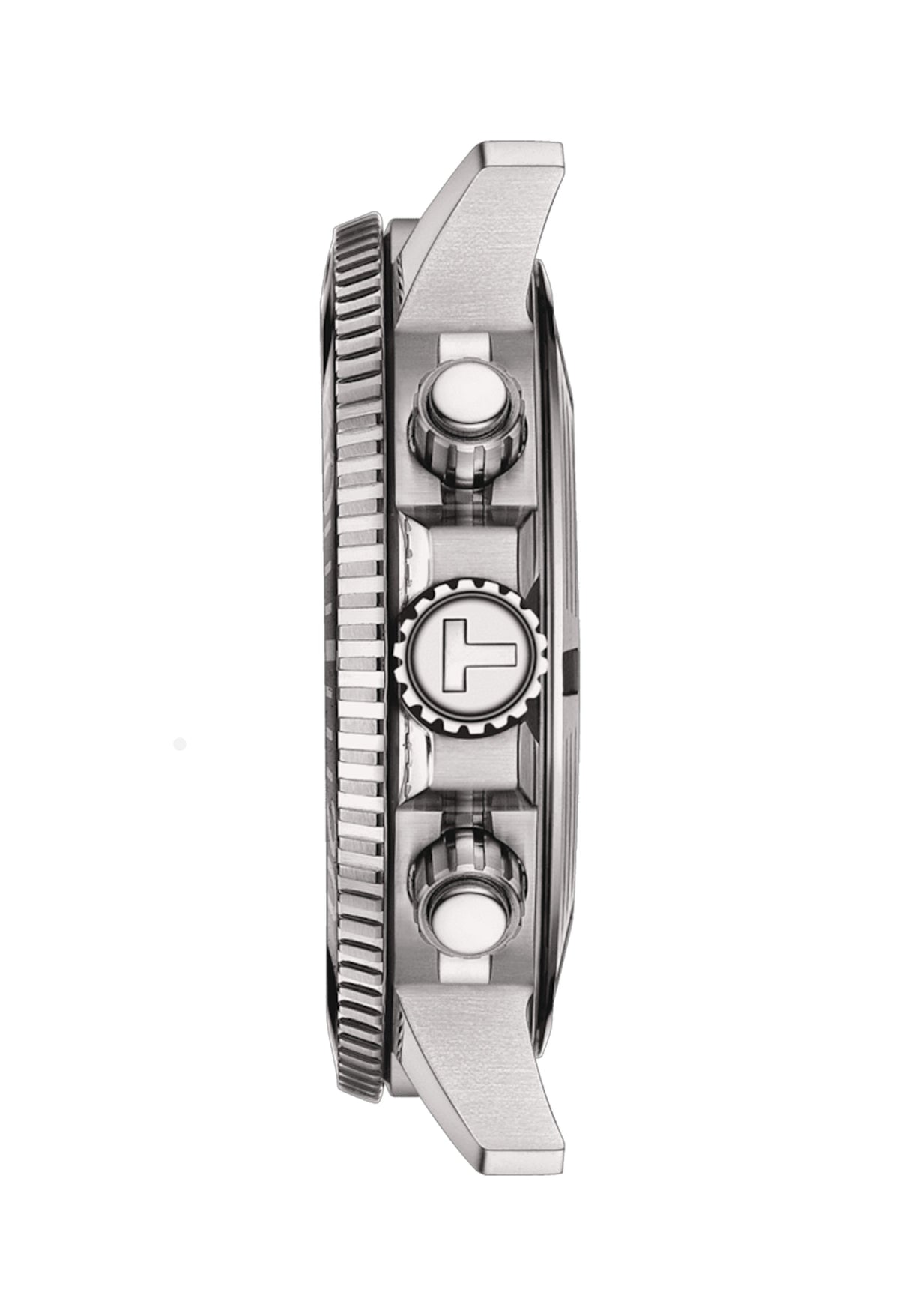 Side view of the Tissot Seastar 1000 diving watch, showcasing the bezel, crown, and rugged design features of this 30 Bar