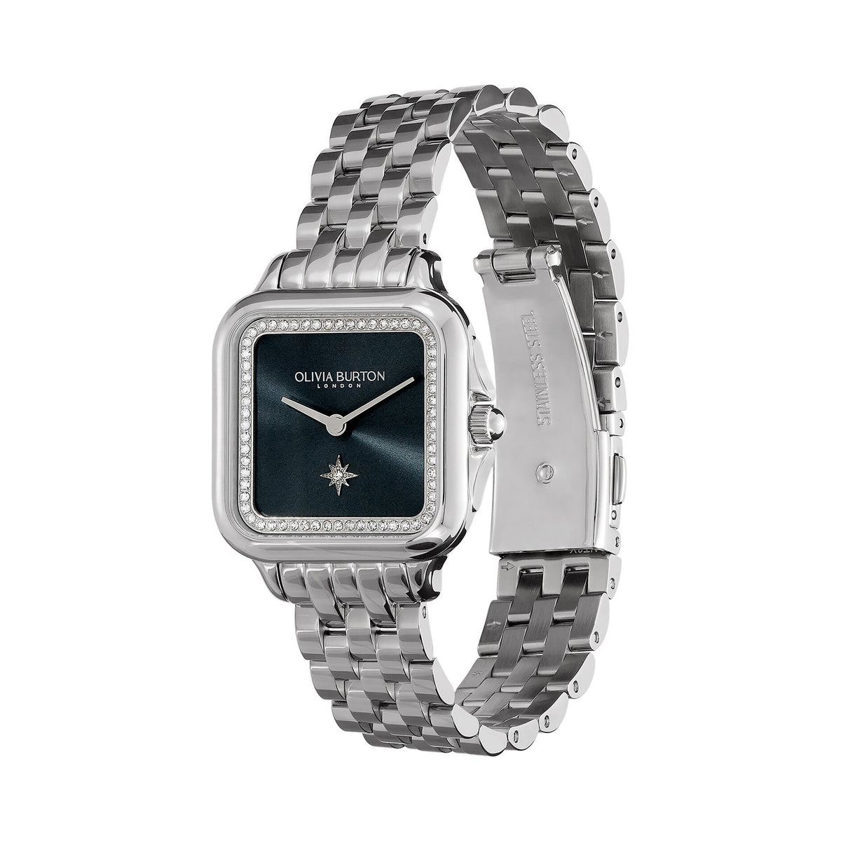 Olivia Burton Grosvenor Square watch showcasing the crystal bezel and dark blue dial with a star detail. Stainless steel