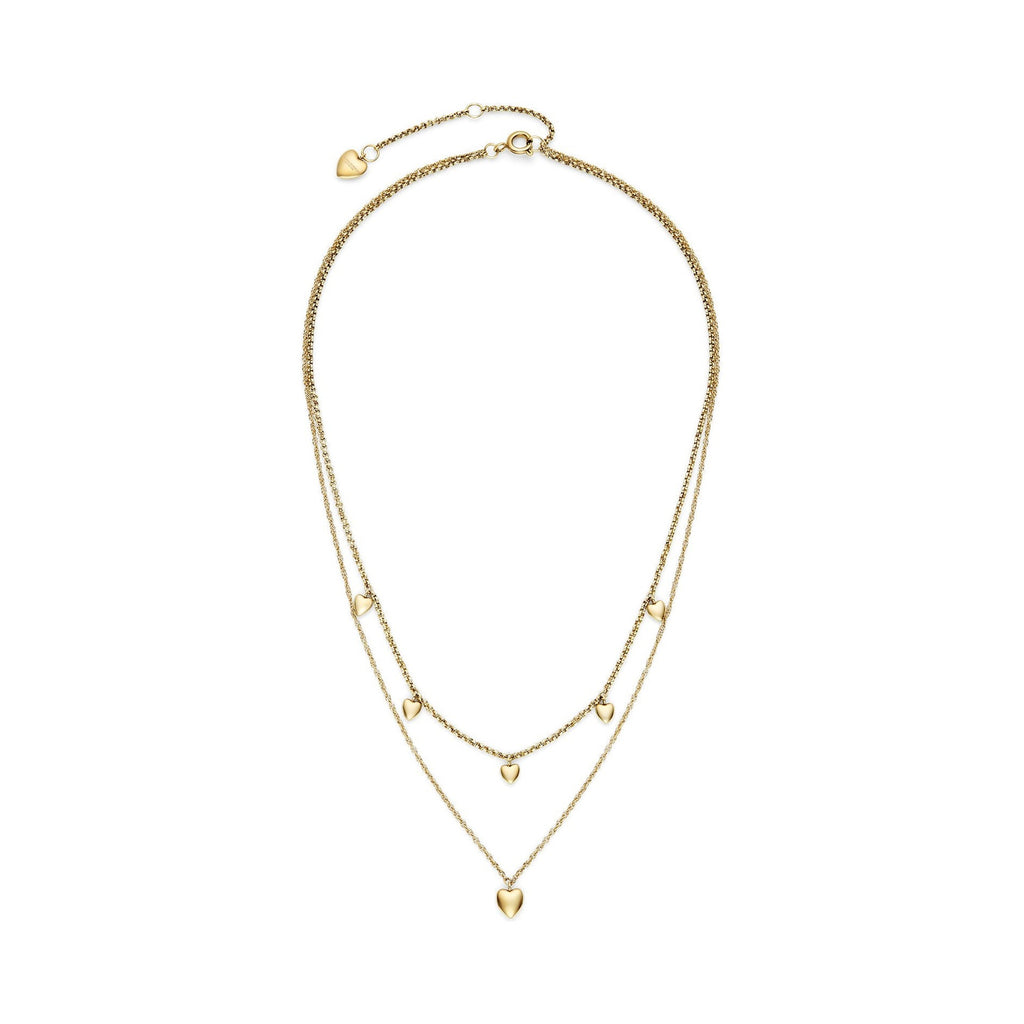 Gold-tone, layered necklace with heart charms.
