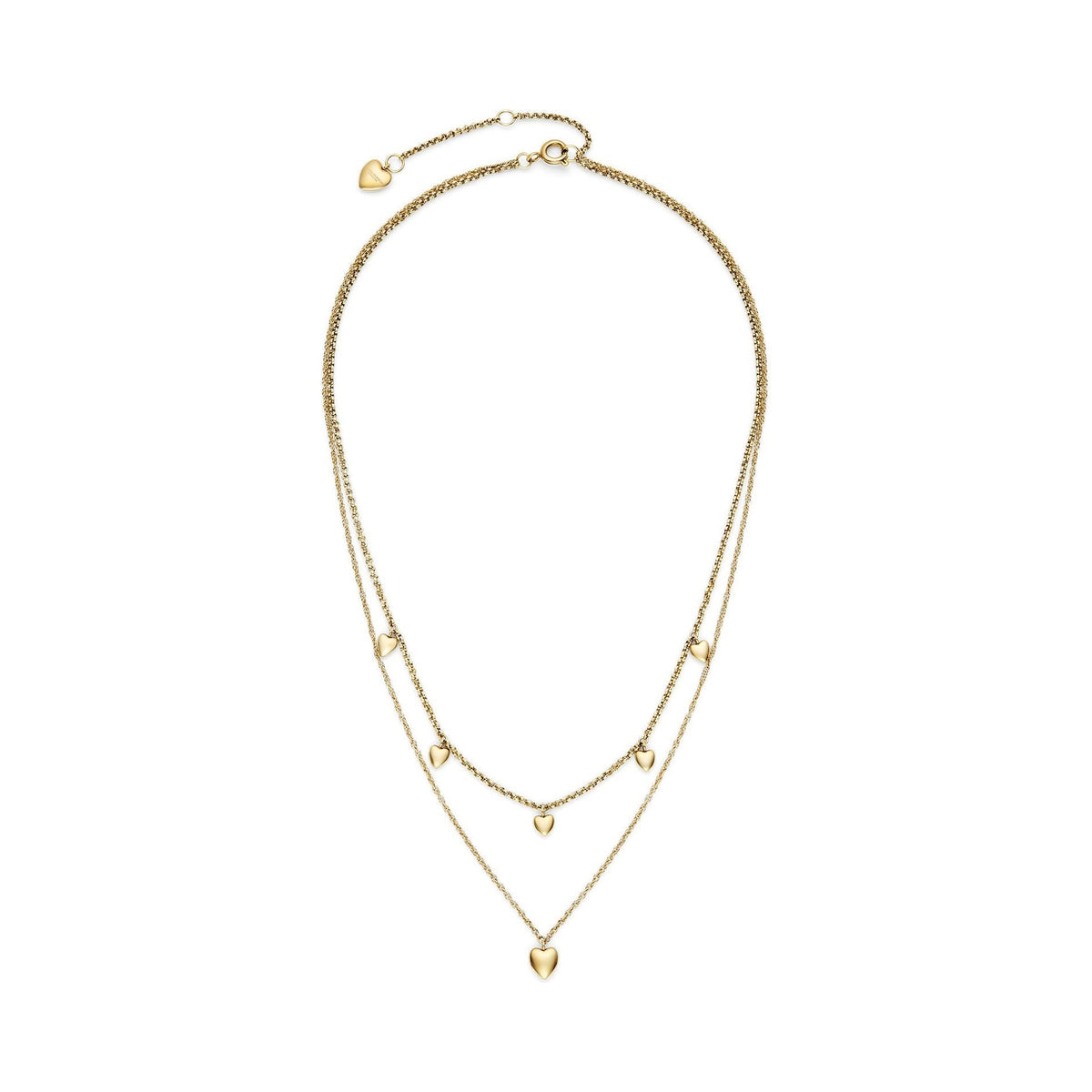 Gold-tone, layered necklace with heart charms.
