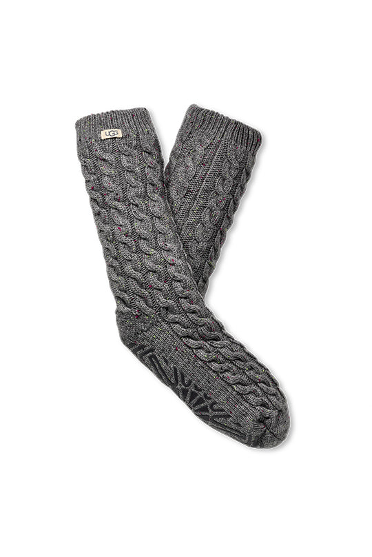 Women's UGG Lowyn Cable Knit Fleece Sock in Charcoal Heather