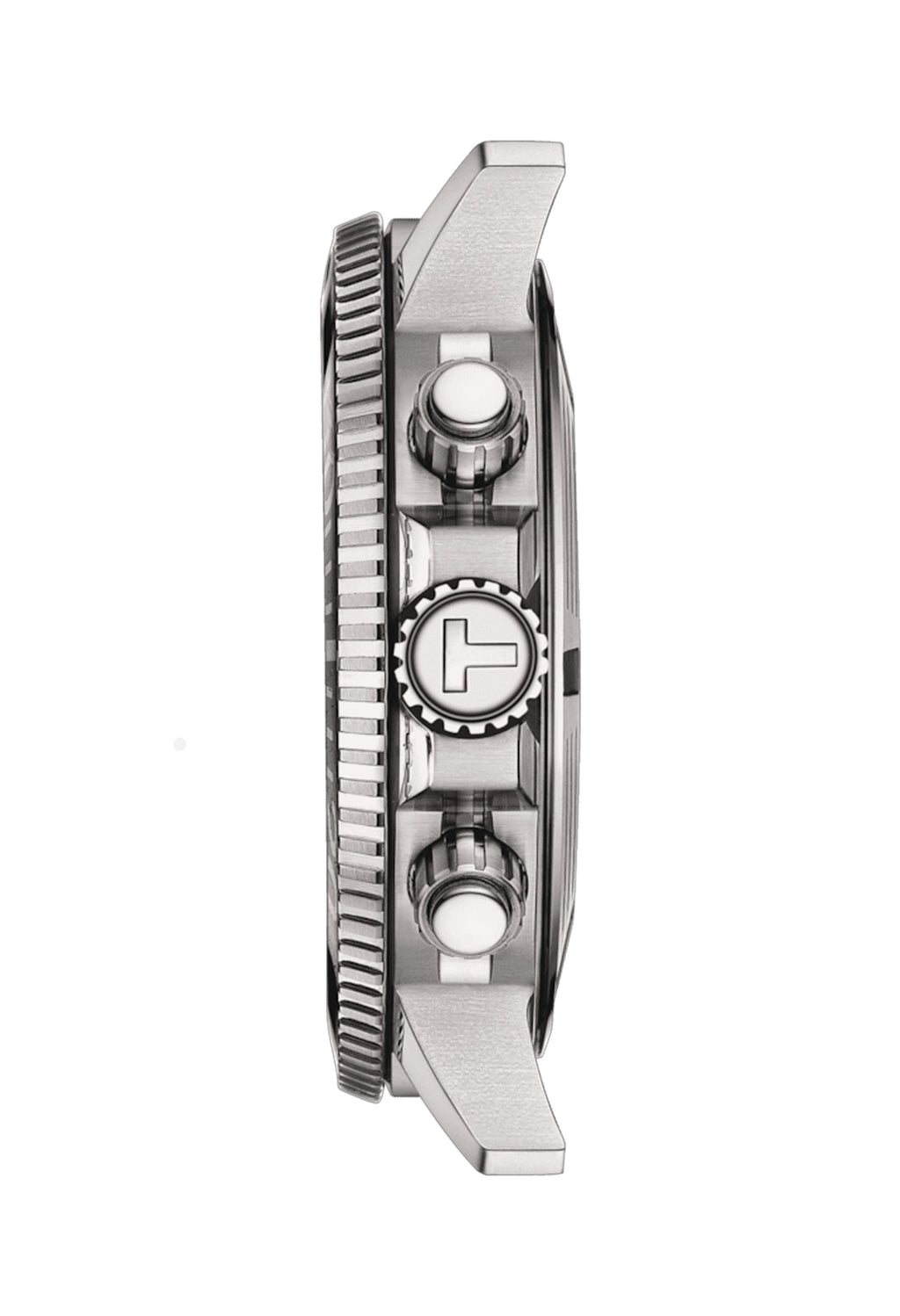 Side view of the Tissot Seastar 1000 diving watch, showcasing the bezel, crown, and rugged design features of this 30 Bar