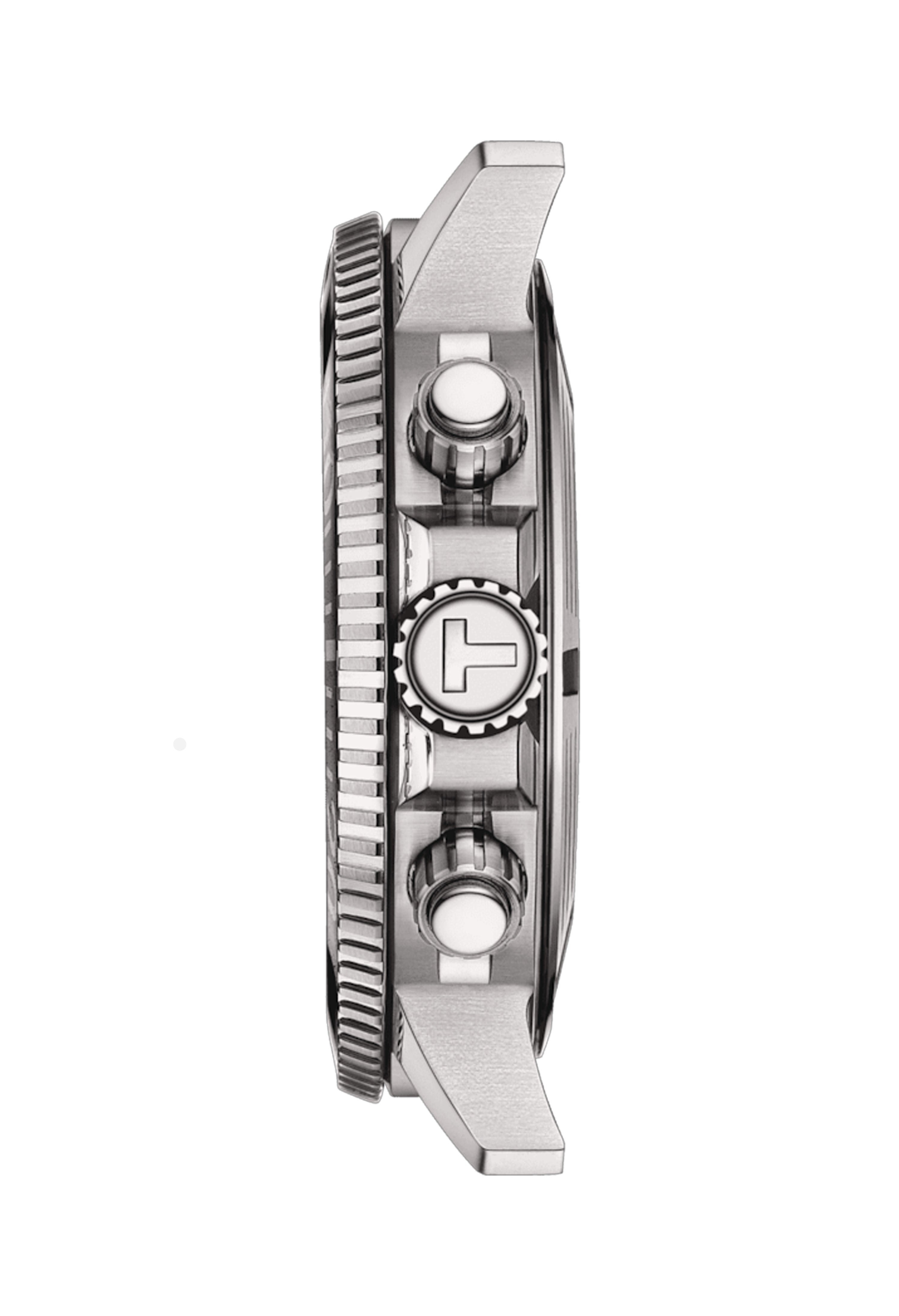 Side view of the Tissot Seastar 1000 diving watch, showcasing the bezel, crown, and rugged design features of this 30 Bar