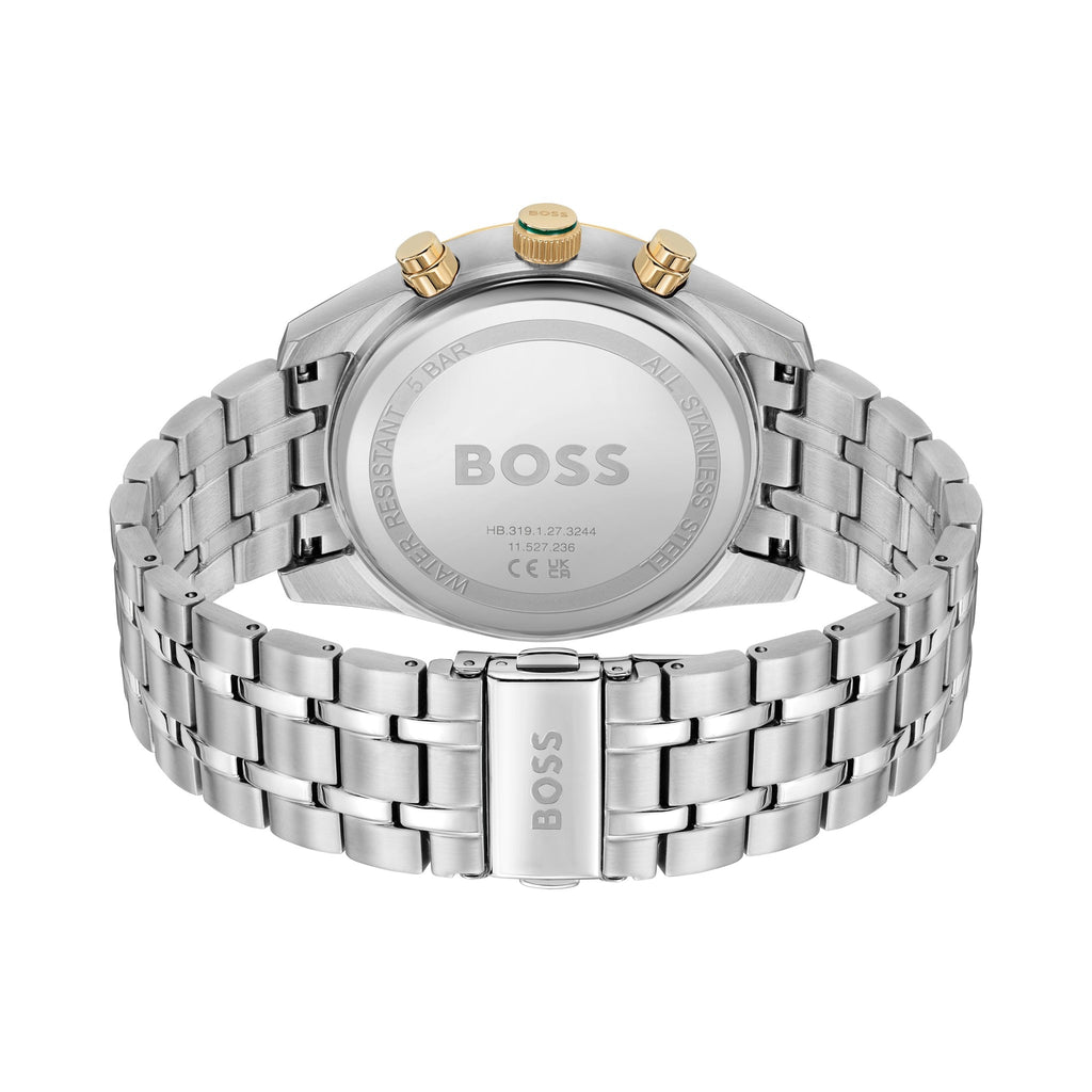 Back of BOSS Skytraveller watch showing stainless steel bracelet, "BOSS" logo on clasp, & "All Stainless Steel" on case.