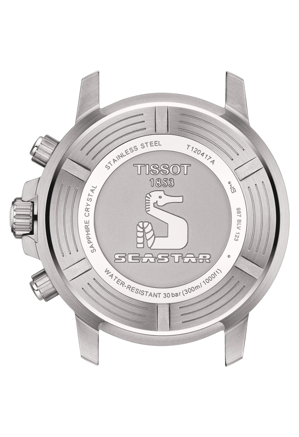 Watch caseback detail of the Tissot Seastar 1000 diving watch, featuring the seahorse logo, model T120417A, & water