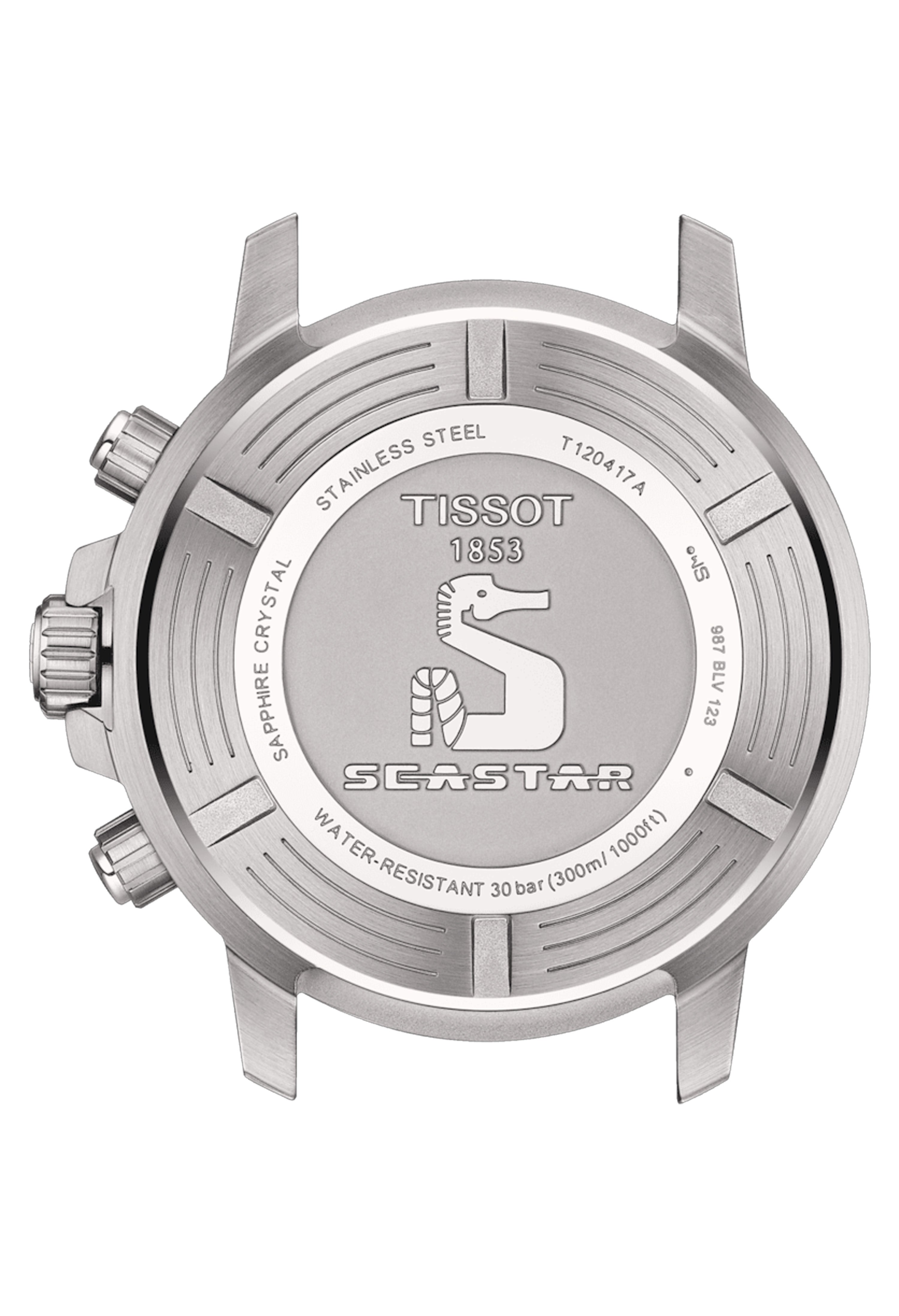 Watch caseback detail of the Tissot Seastar 1000 diving watch, featuring the seahorse logo, model T120417A, & water