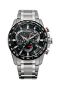 Close-up of the Citizen Eco Drive watch face showcasing its chronograph features, including tachymeter and radio controlled