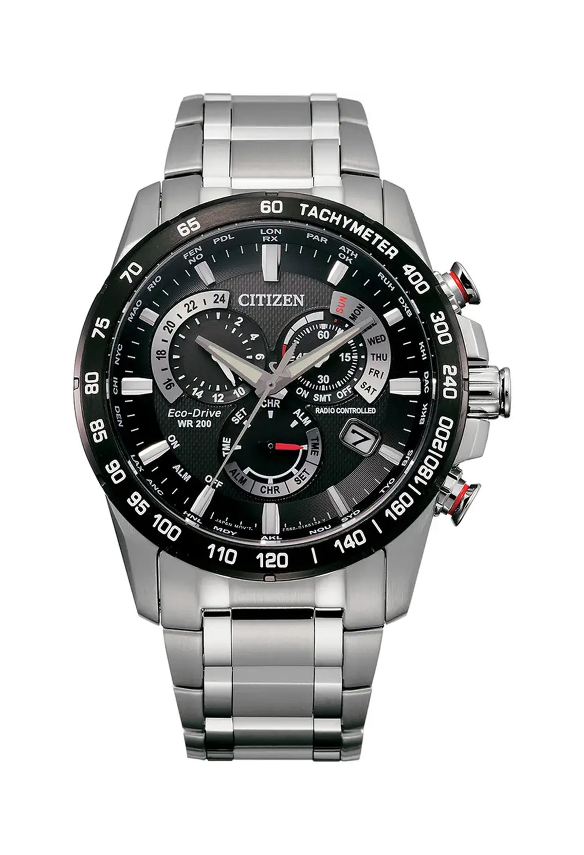 Close-up of the Citizen Eco Drive watch face showcasing its chronograph features, including tachymeter and radio controlled
