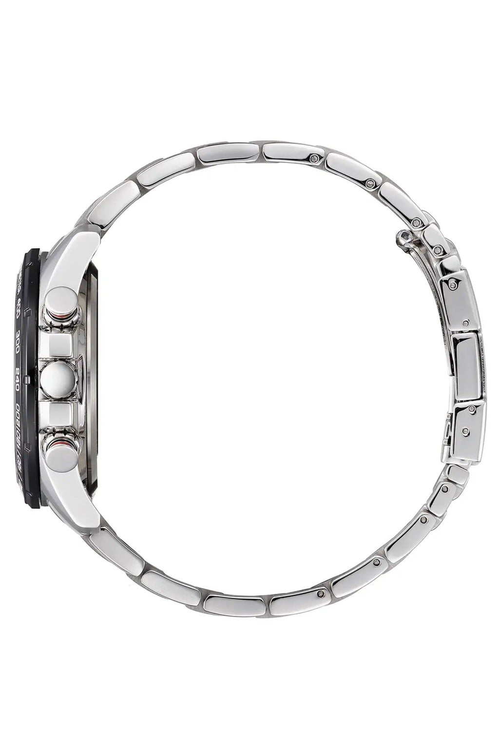 Side view of Citizen Eco Drive chronograph watch showcasing its stainless steel band and black dial details.