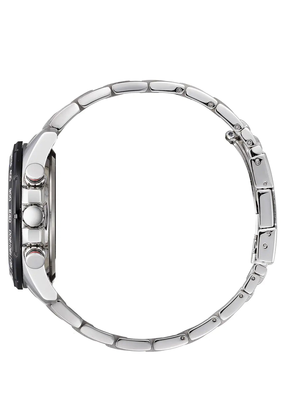 Side view of Citizen Eco Drive chronograph watch showcasing its stainless steel band and black dial details.