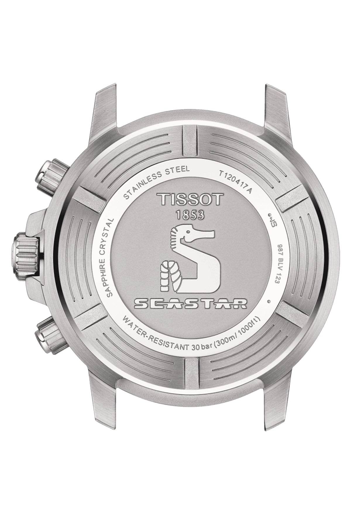 Watch caseback detail of the Tissot Seastar 1000 diving watch, featuring the seahorse logo, model T120417A, & water