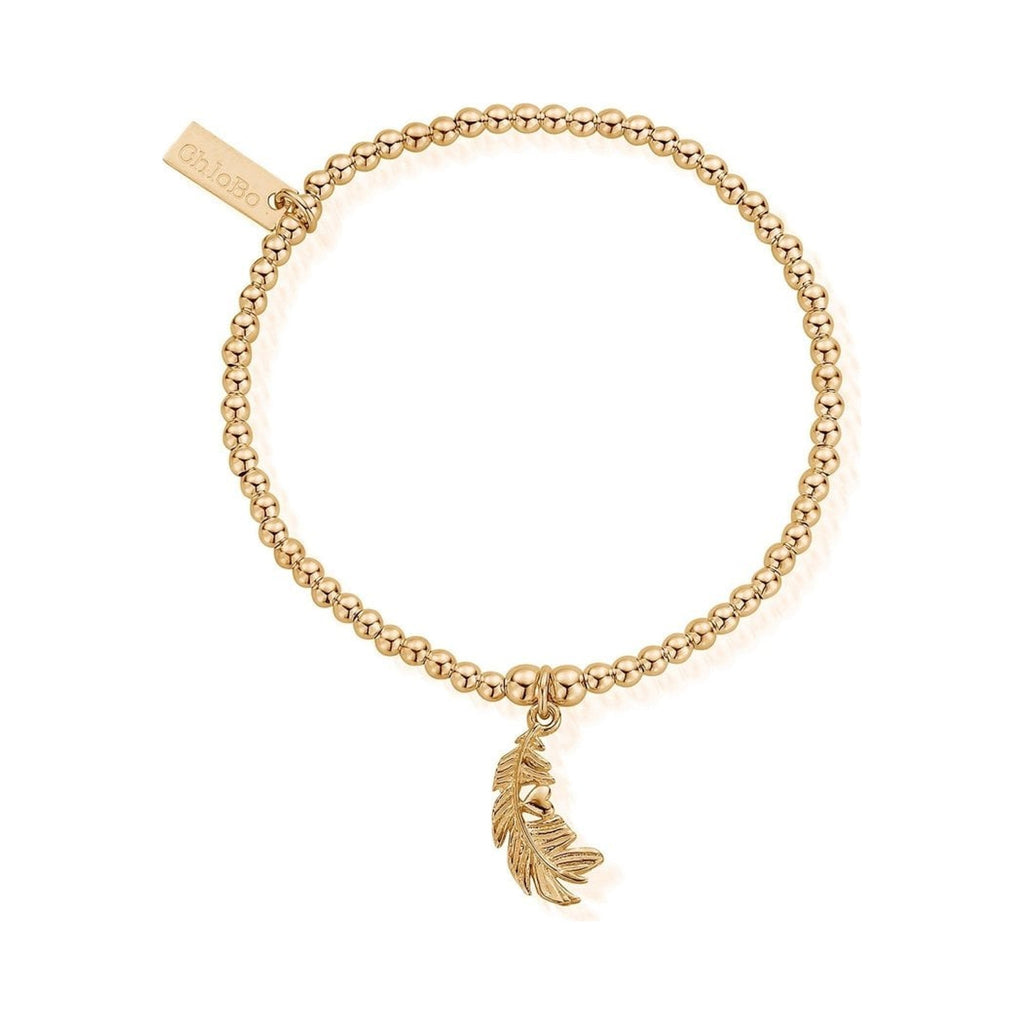 ChloBo bracelet: Gold-plated beaded bracelet with a delicate feather charm and ChloBo tag detail.