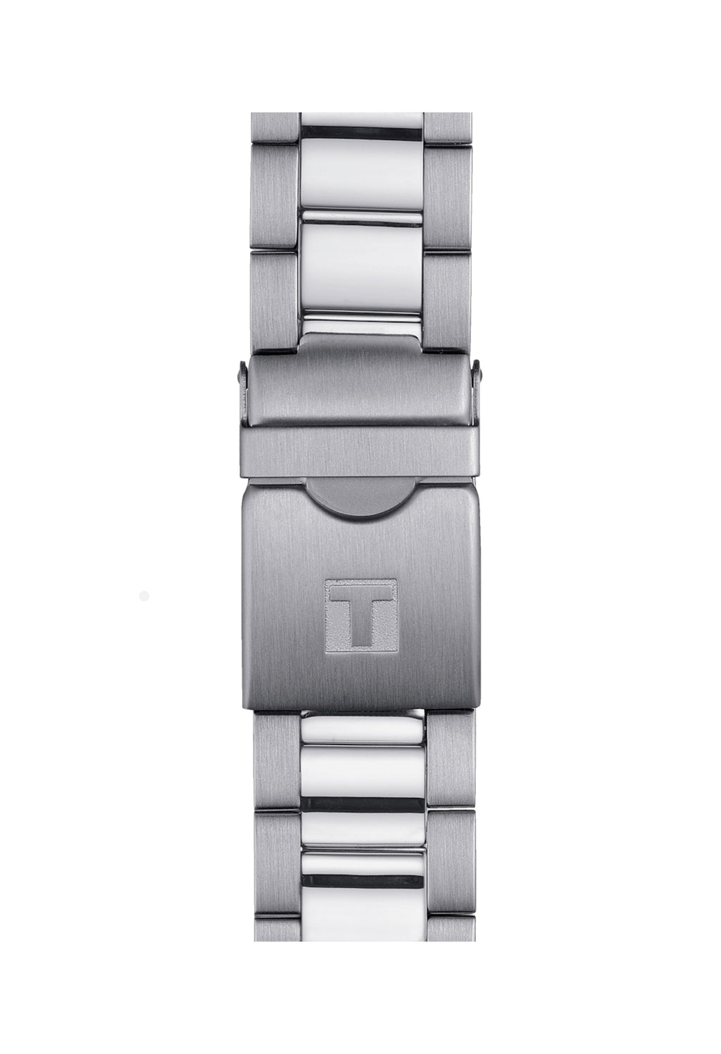 Close-up of the Tissot Seastar 1000 watch band, highlighting the stainless steel bracelet and fold-over clasp with Tissot