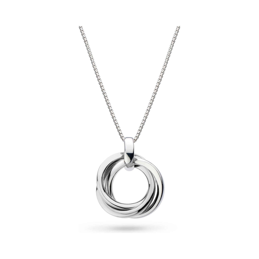 Kit Heath Trilogy necklace showcasing interlocking silver circles on a rhodium-plated chain. Elegant design.