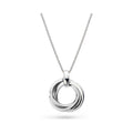 Kit Heath Trilogy necklace showcasing interlocking silver circles on a rhodium-plated chain. Elegant design.