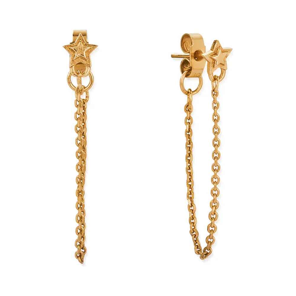 Elegant ChloBo gold plated stud earrings featuring a delicate star design & radiant chain detail. Jewellery fashion for