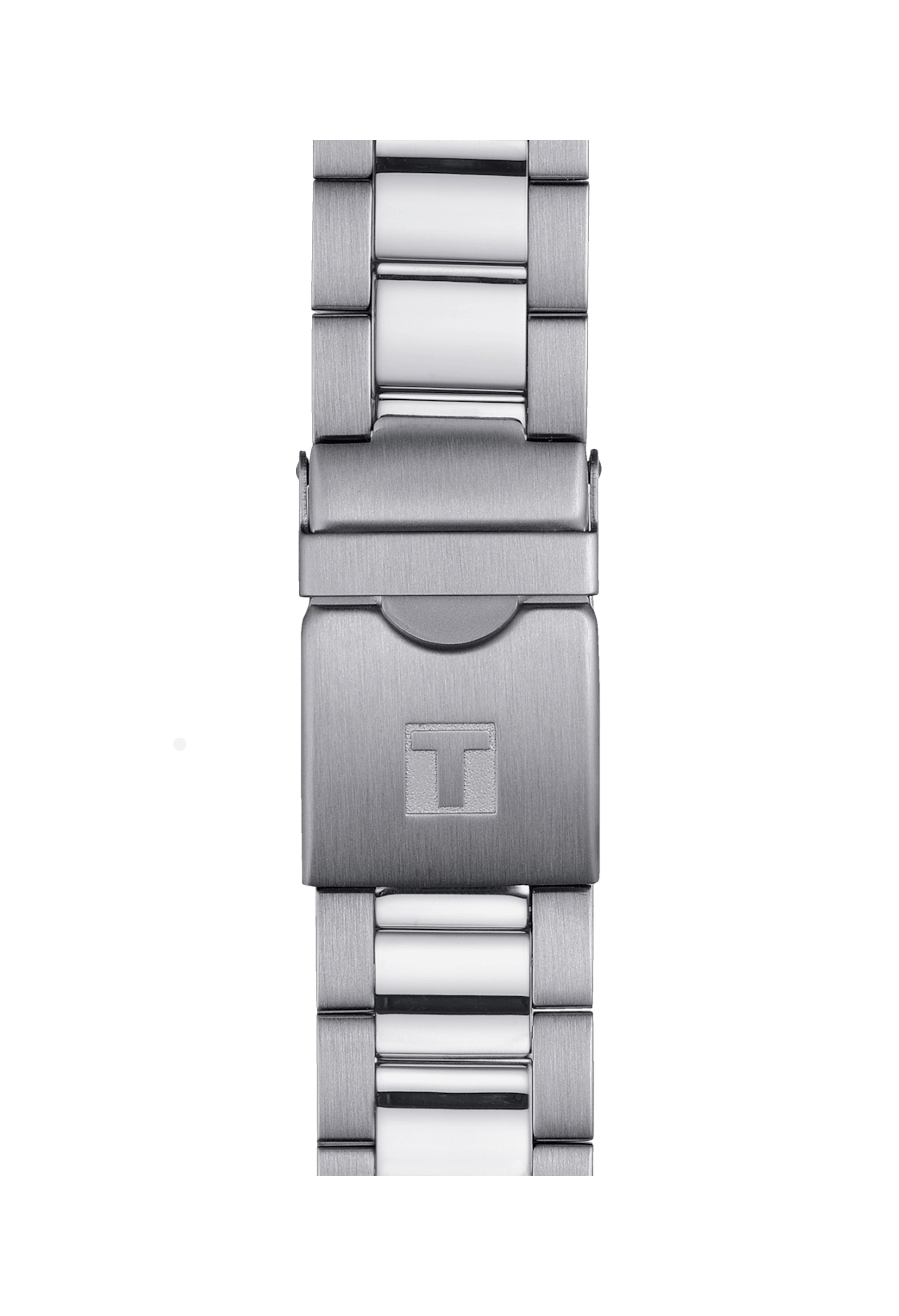Close-up of the Tissot Seastar 1000 watch band, highlighting the stainless steel bracelet and fold-over clasp with Tissot
