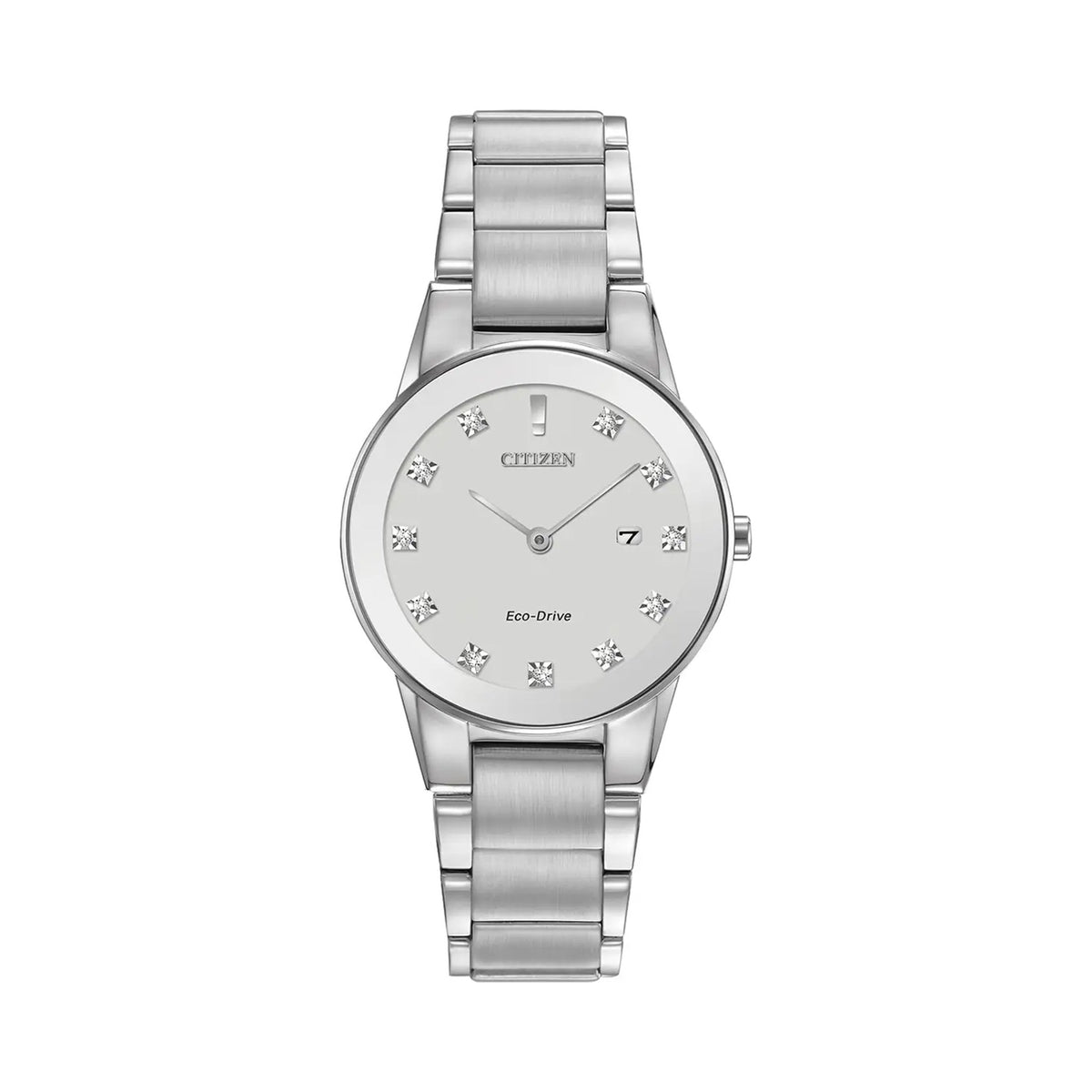 Citizen Eco-Drive Axiom women's watch showcasing its diamond dial and silver-tone bracelet design.