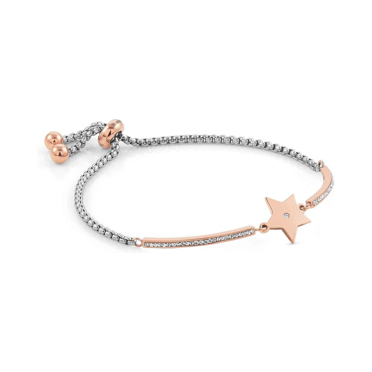 Nomination Milleluci bracelet showcasing a rose gold star charm. Stainless steel and rose gold PVD add a touch of elegance.