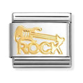Silver charm with a golden guitar and the word "ROCK".
