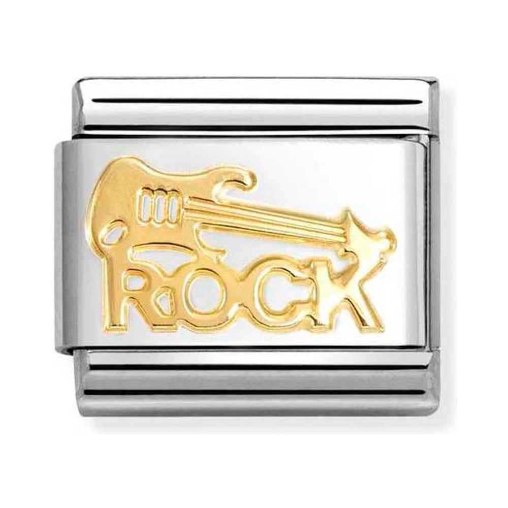 Silver charm with a golden guitar and the word "ROCK".
