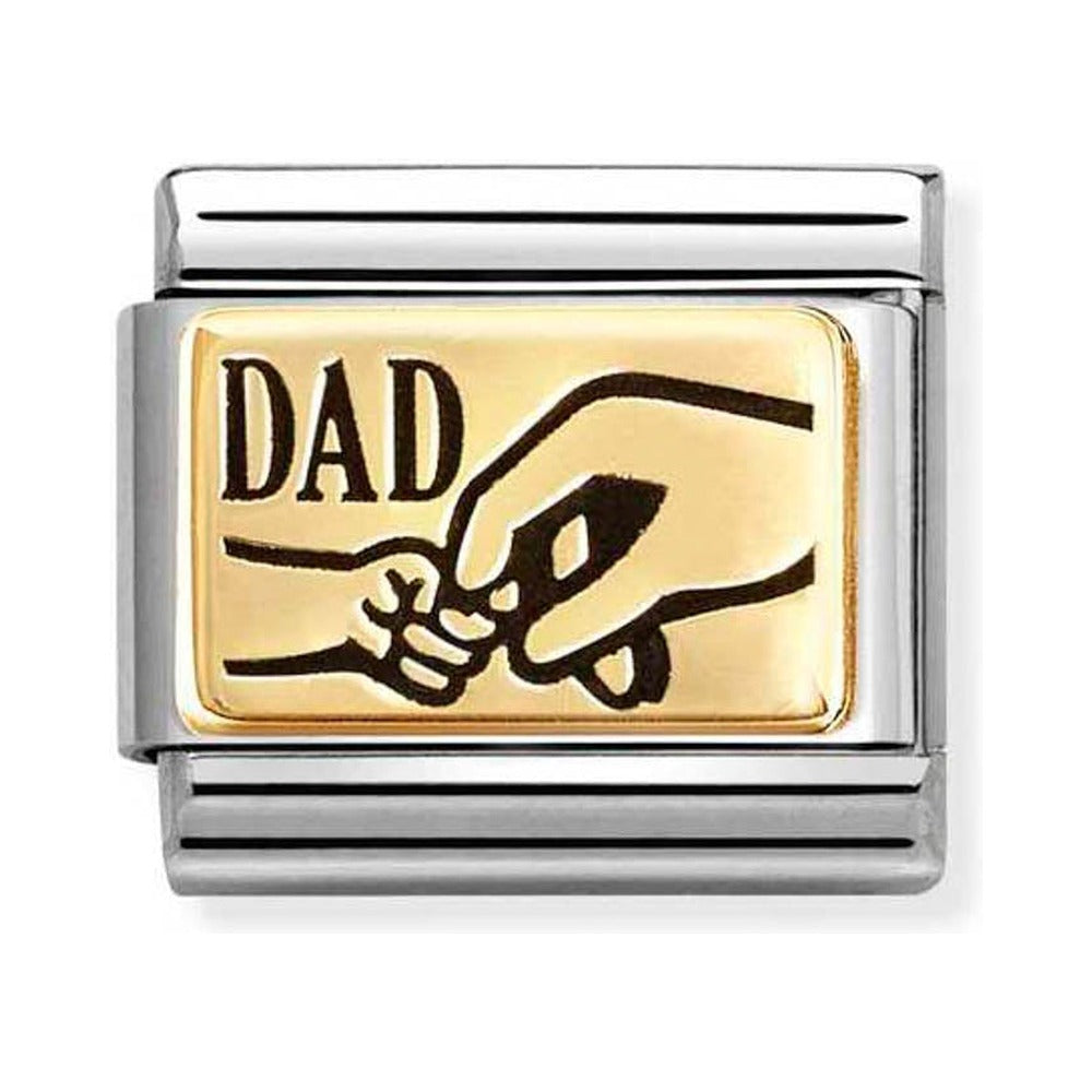 Silver and gold charm reading "Dad" with a graphic of a large hand holding a small hand.