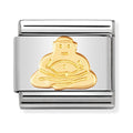 A charm bracelet link with a gold Buddha figure on a silver base.