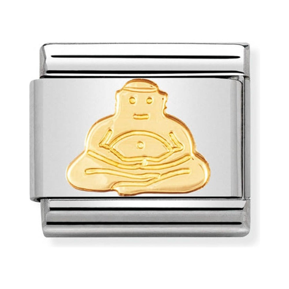 A charm bracelet link with a gold Buddha figure on a silver base.