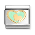 Silver Nomination bracelet charm with a gold-edged, light green heart and a small gold heart inside.