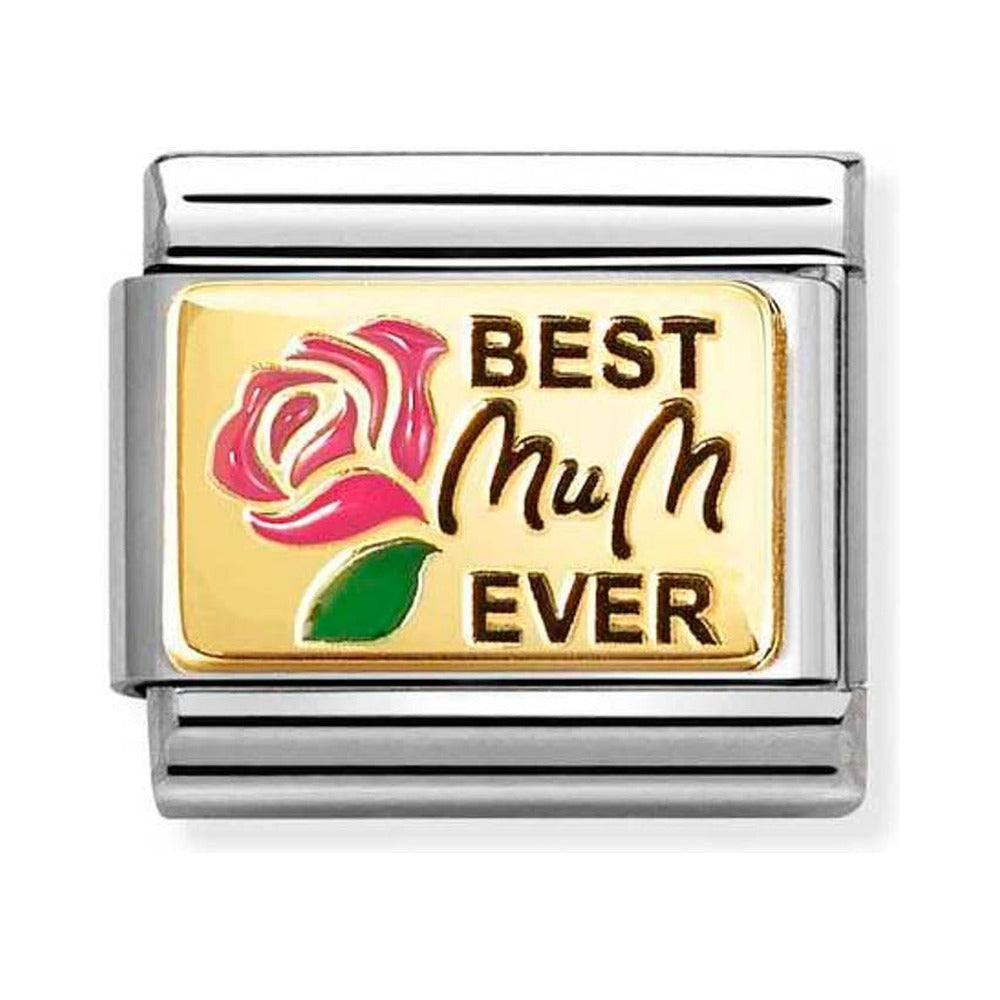 Silver and gold charm with a pink rose and the words "Best Mum Ever".
