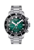 Close-up of the Tissot Seastar 1000 diving watch, featuring a green dial, stainless steel band, and rotating bezel. 30 Bar.
