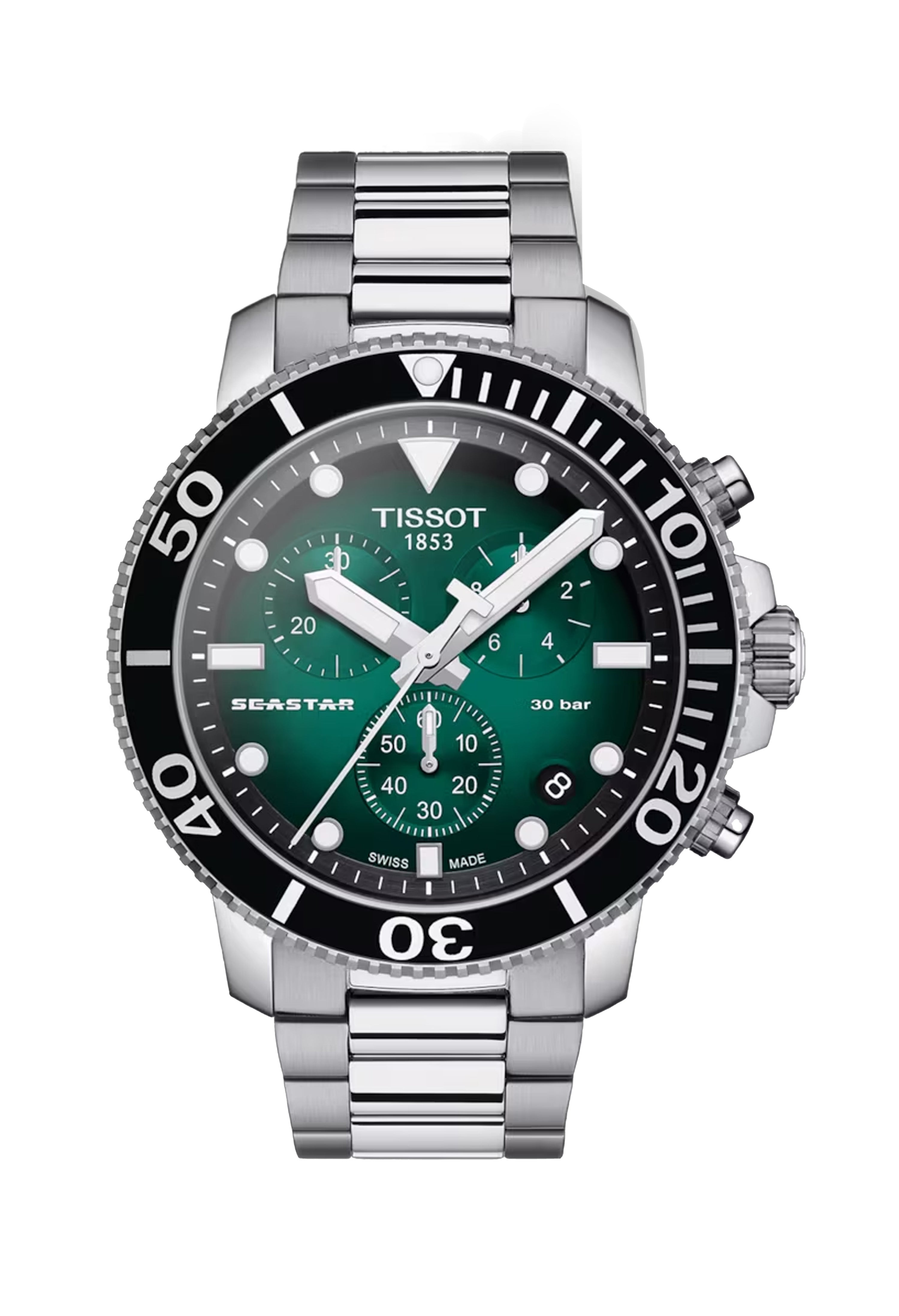 Close-up of the Tissot Seastar 1000 diving watch, featuring a green dial, stainless steel band, and rotating bezel. 30 Bar.