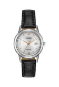 Citizen Eco Drive watch featuring a silver dial, date display, and elegant black leather strap.