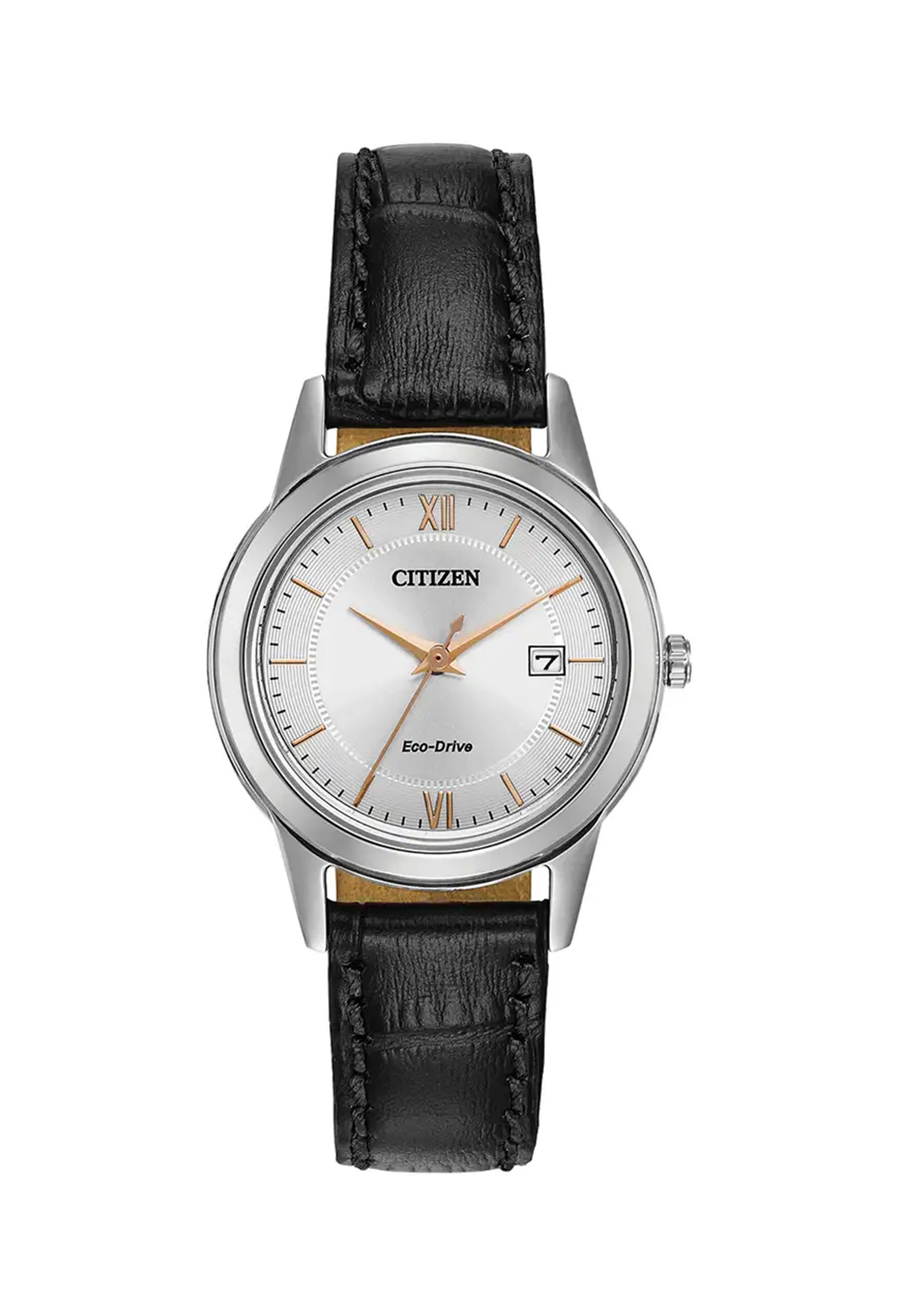 Citizen Eco Drive watch featuring a silver dial, date display, and elegant black leather strap.