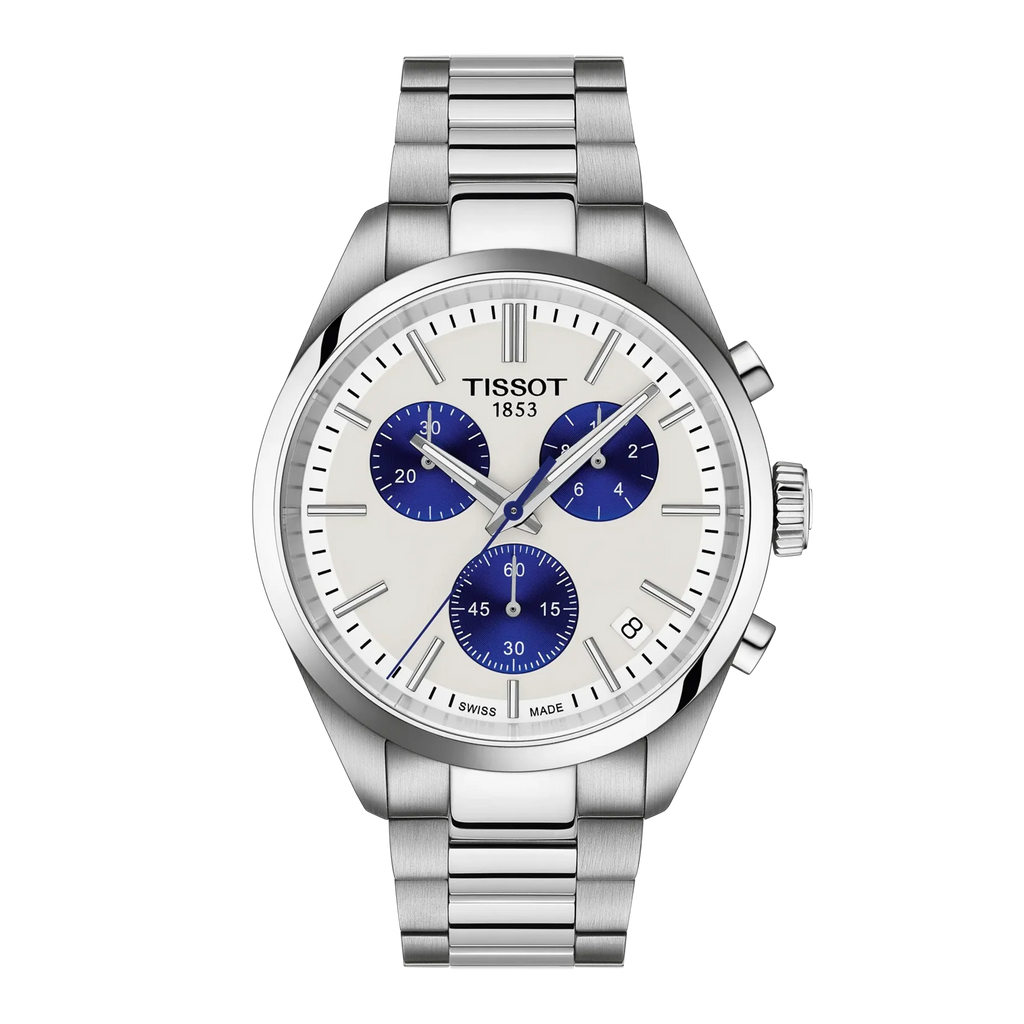Tissot Mens PR100 40mm White/Blue Chronograph Dial Bracelet Watch T1504171101100