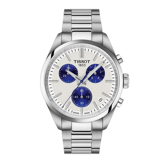 Tissot Mens PR100 40mm White/Blue Chronograph Dial Bracelet Watch T1504171101100