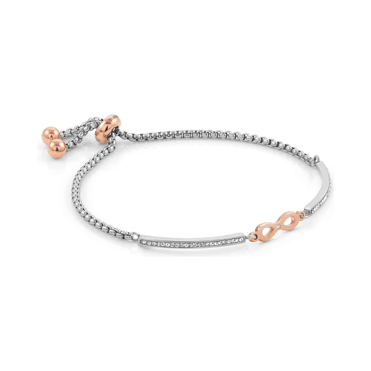 Nomination Milleluci bracelet showcasing its stainless steel chain, rose gold PVD infinity symbol, and crystal details.