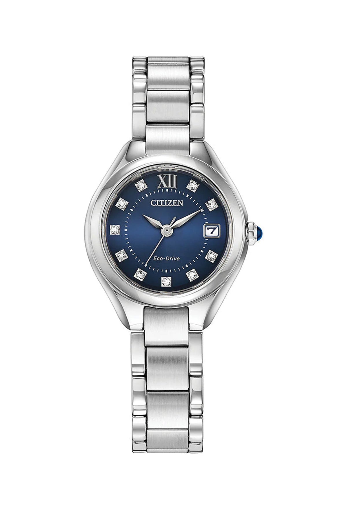 Citizen Eco-Drive ladies watch showcasing a blue dial with crystal accents and the date. Stainless steel band.